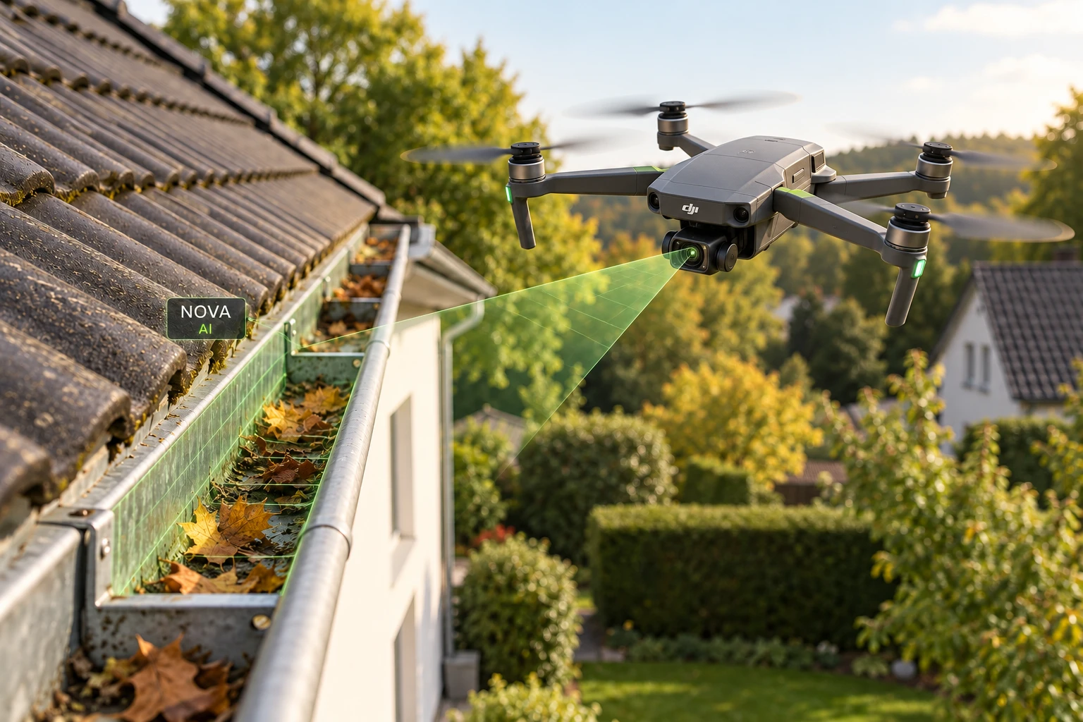 KI-Konzeptmotiv einer DJI-Drohne bei der Dachrinnenkontrolle mit grüner Scan-Darstellung