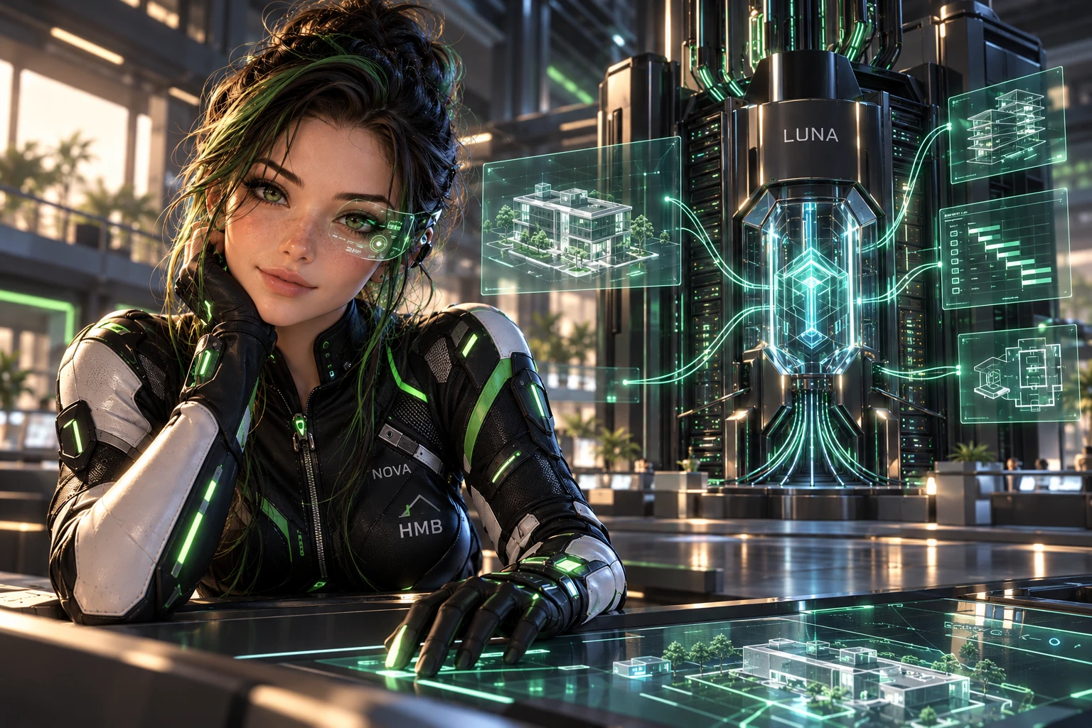 NOVA als digitale Assistenzfigur nach der HMB-Charaktervorlage; dahinter LUNA als vernetzter Supercomputer ohne menschliche Gestalt