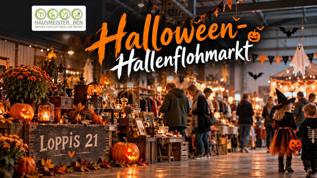 Halloween-Hallenflohmarkt in einer stimmungsvoll beleuchteten Halle, mit den Schriftzügen Halloween-Hallenflohmarkt und LOPPIS 21 sowie dem Original-HMB-Logo oben links.
